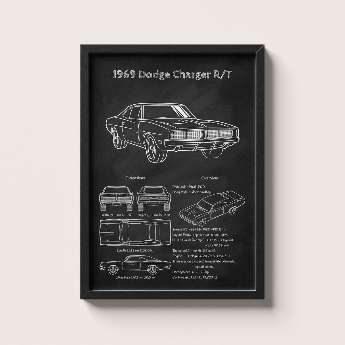 1969 Dodge Charger R/T Blueprint Wall Art