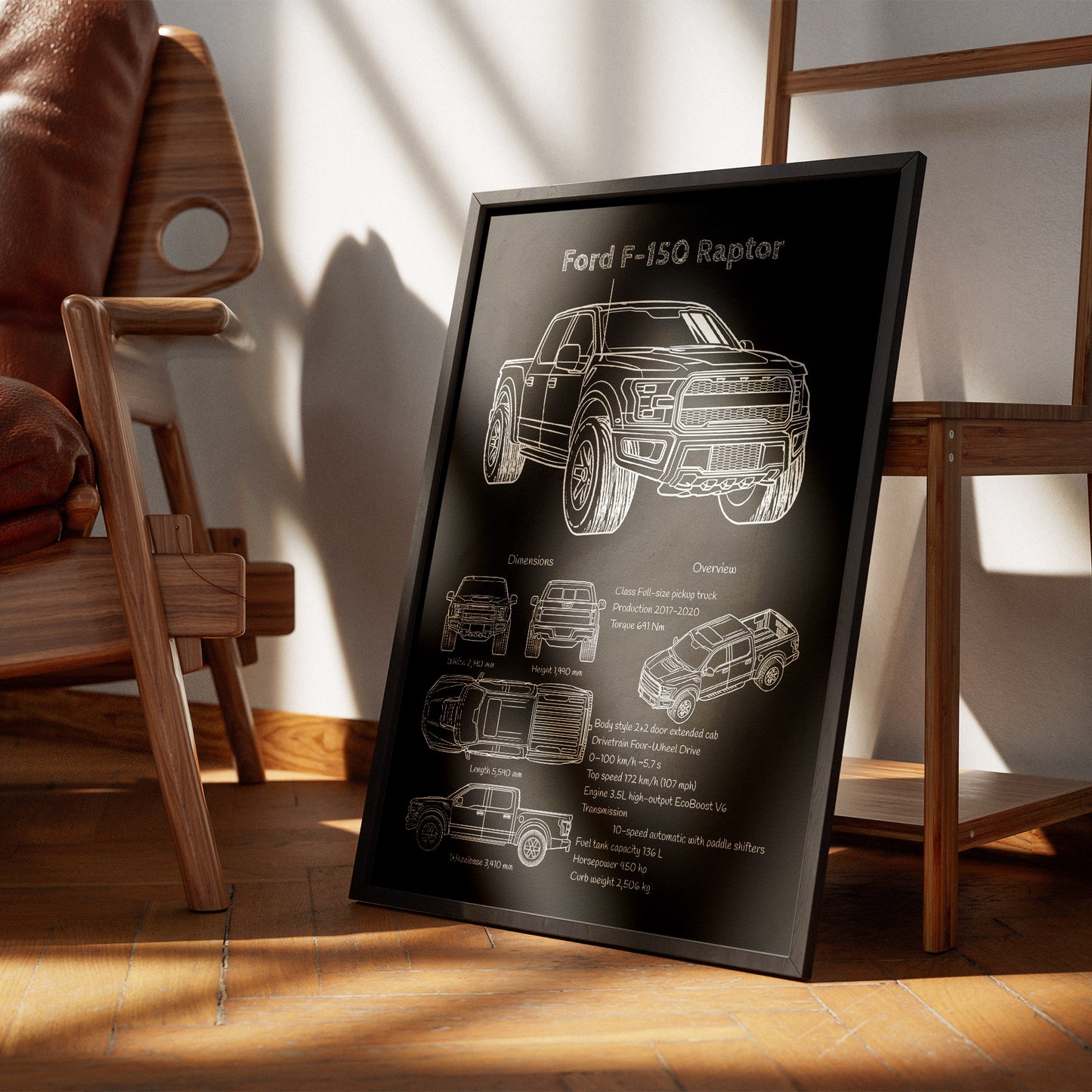 Framed poster of Ford F-150 Raptor in a room with wooden furniture.