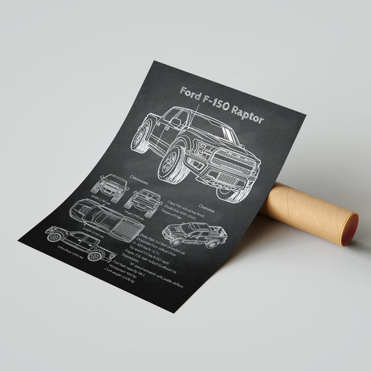 Blueprint-style drawing of a Ford F-150 Raptor on a black paper roll against a light gray background.