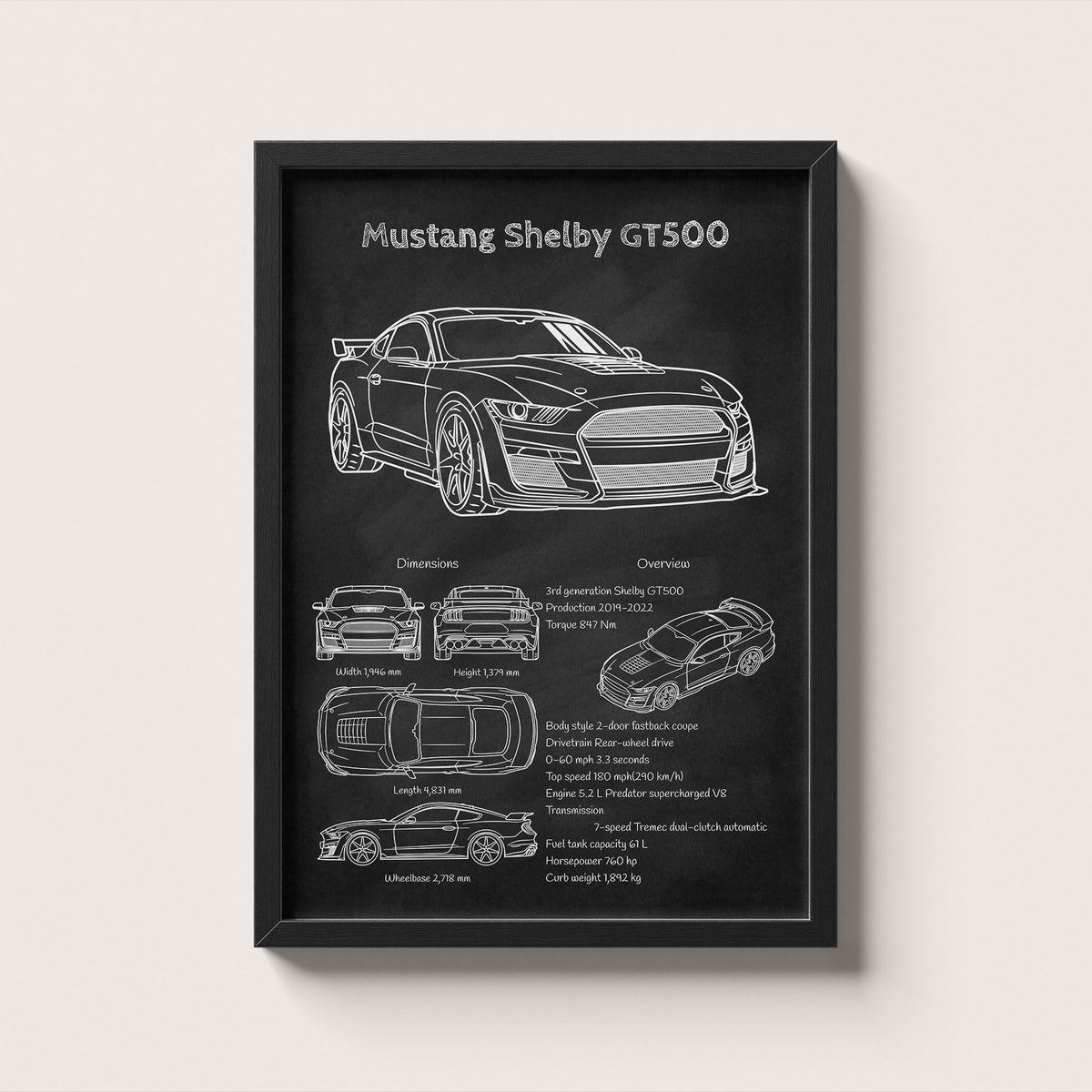 Framed poster of a Mustang Shelby GT500 with technical details on a white background