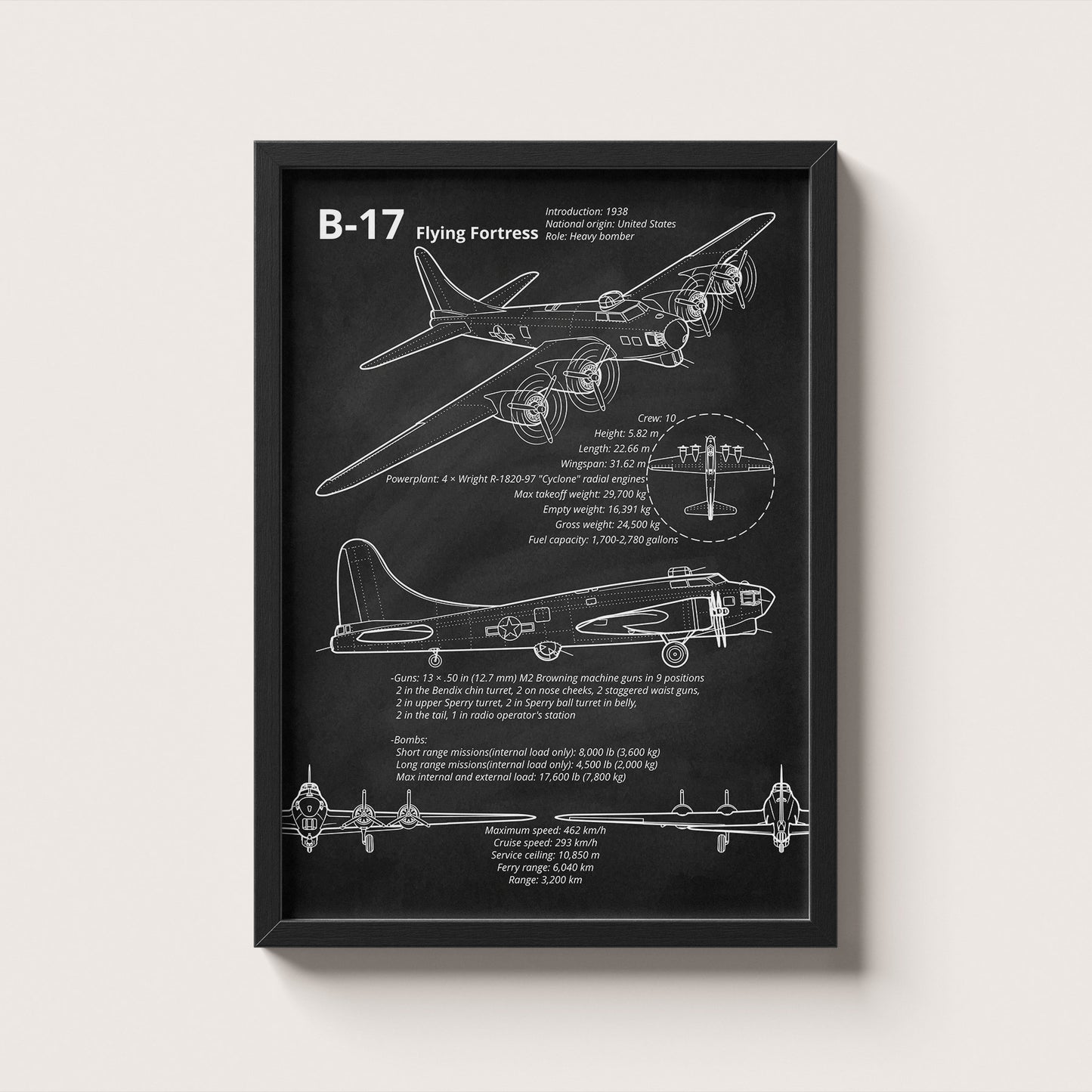 Framed B-17 Flying Fortress blueprint poster hanging on wall – aviation wall art