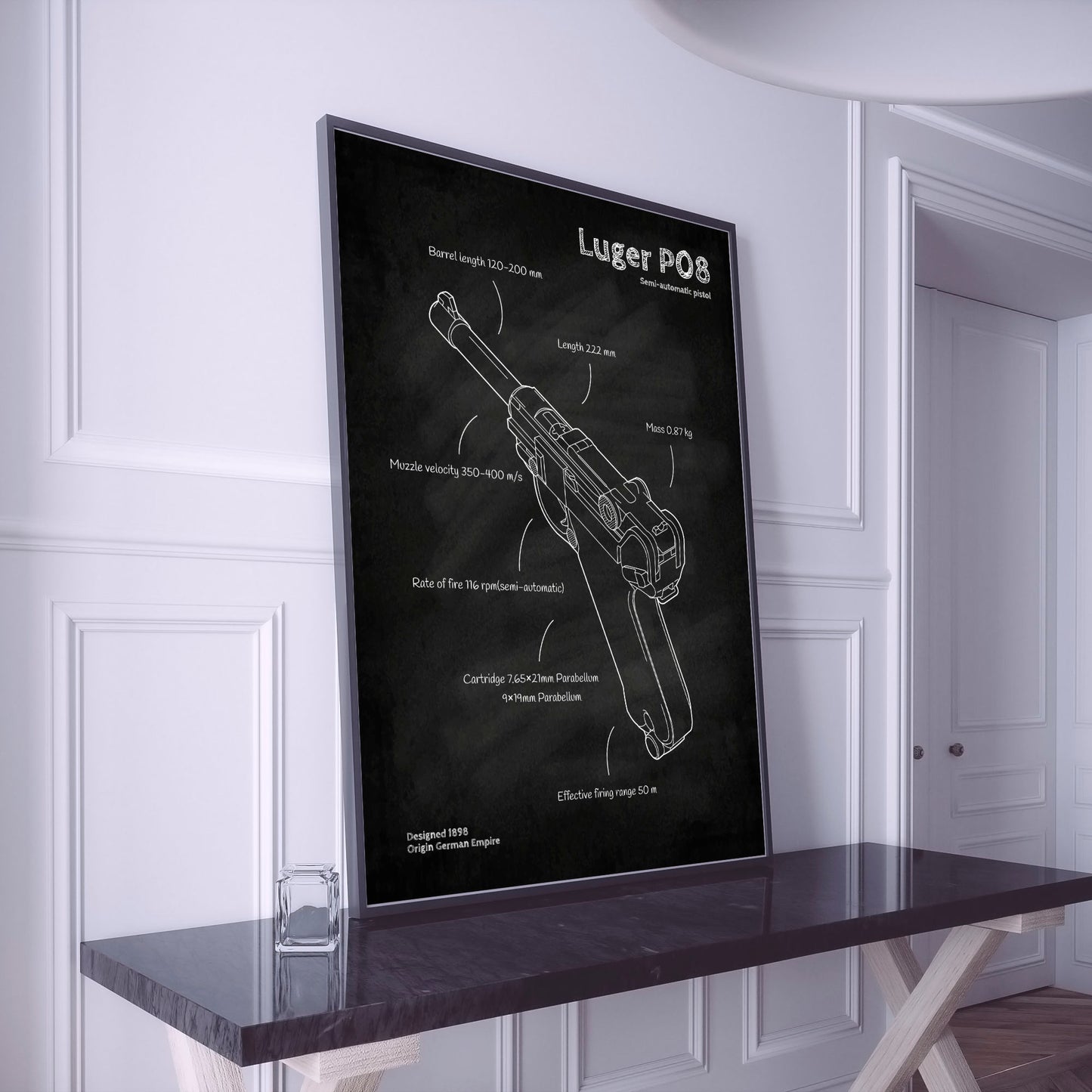 Luger P08 pistol blueprint poster wall art
