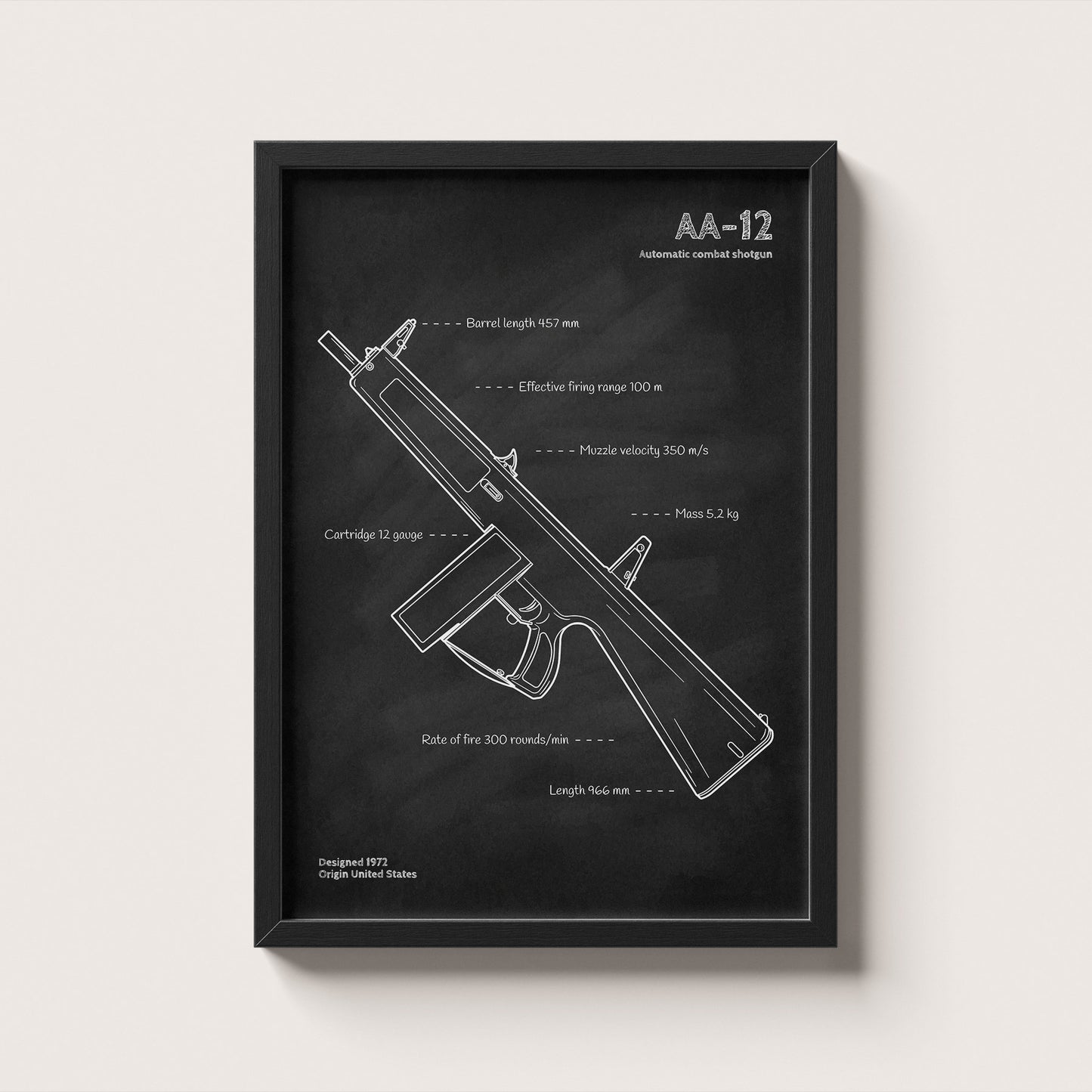 Framed AA-12 shotgun blueprint poster - minimalist firearm wall art hanging on wall