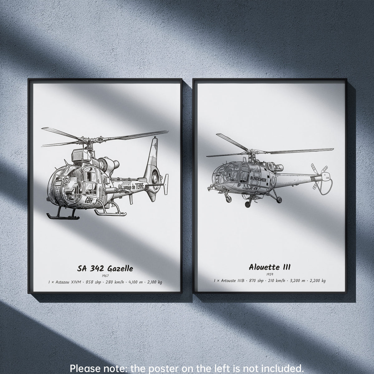 Aérospatiale Alouette III Wall Art Paired with Aérospatiale SA 342 Gazelle