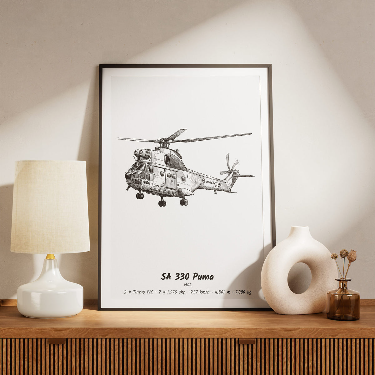 Framed Aérospatiale SA 330 Puma Print on a Shelf