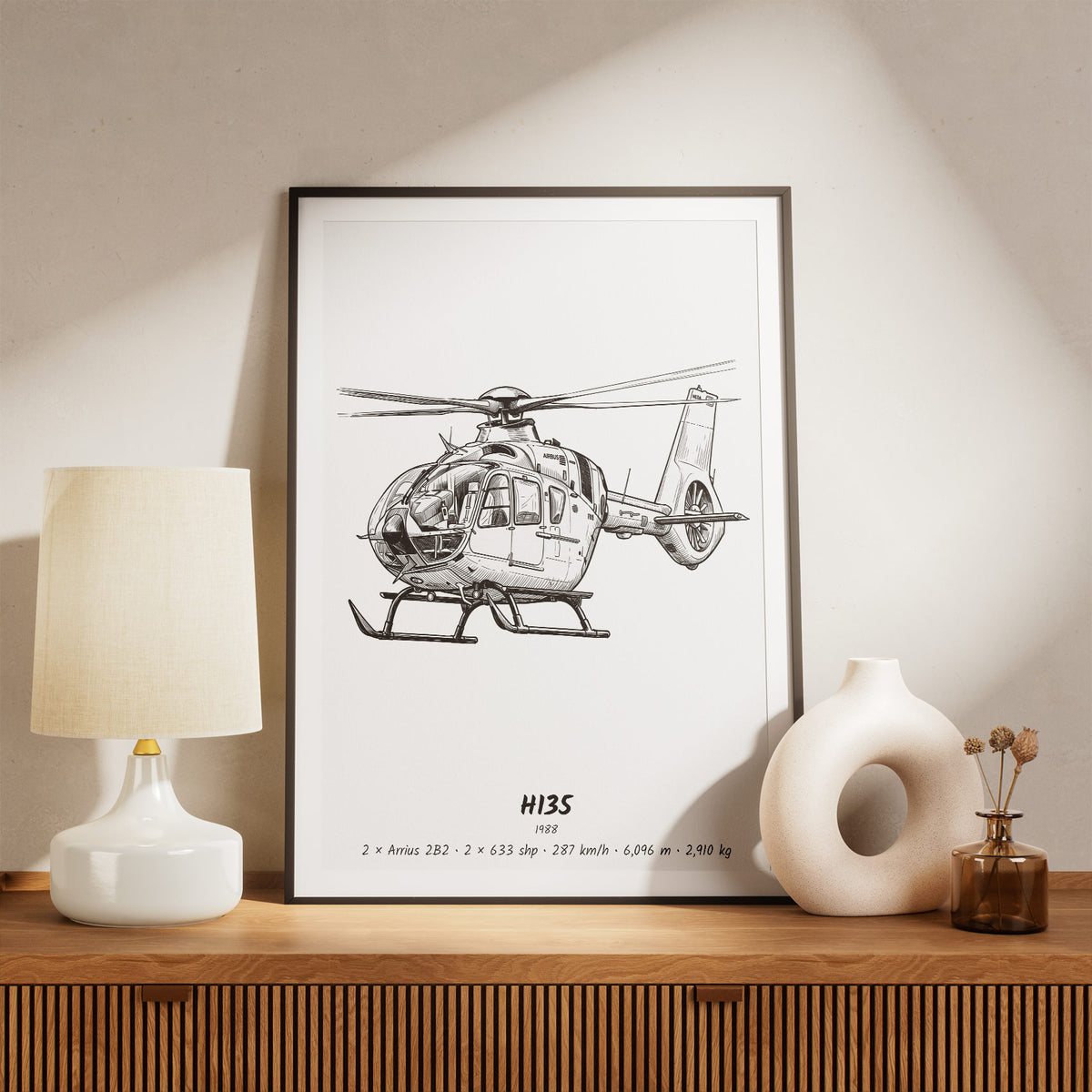 Framed Airbus H135 Print on a Shelf