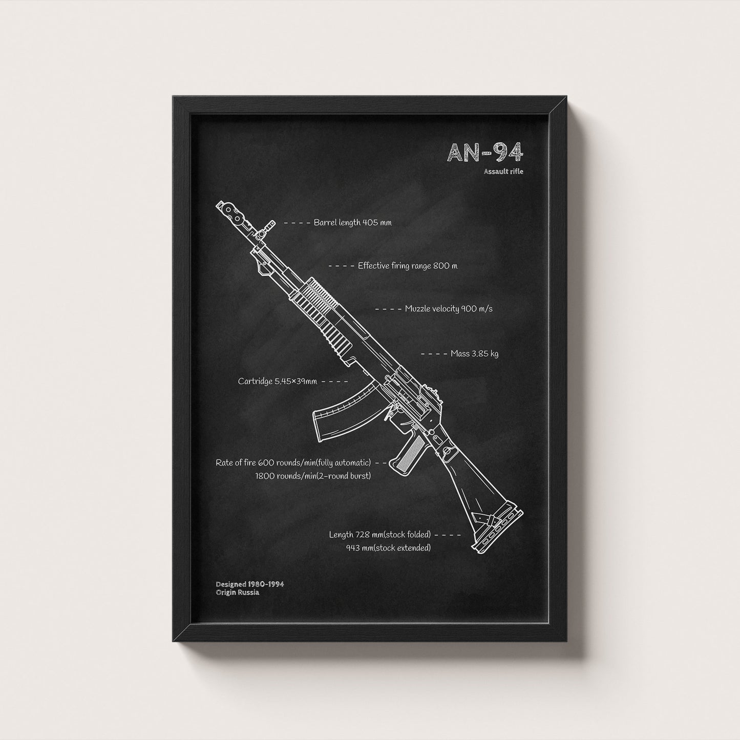 Framed AN-94 rifle blueprint poster - minimalist firearm wall art hanging on wall