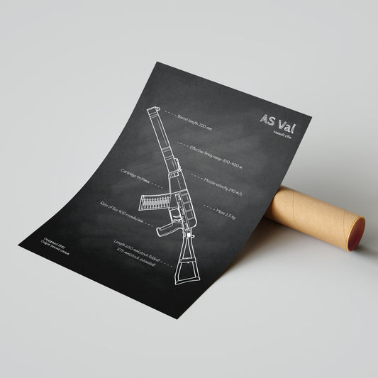 Technical drawing of a rifle on a black paper with 'AS Val' branding, placed on a light gray surface.