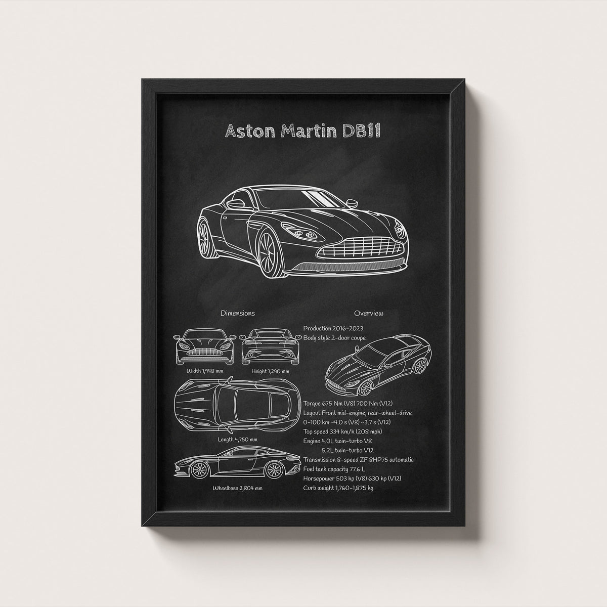 Framed poster of an Aston Martin DB11 with technical drawings on a black background