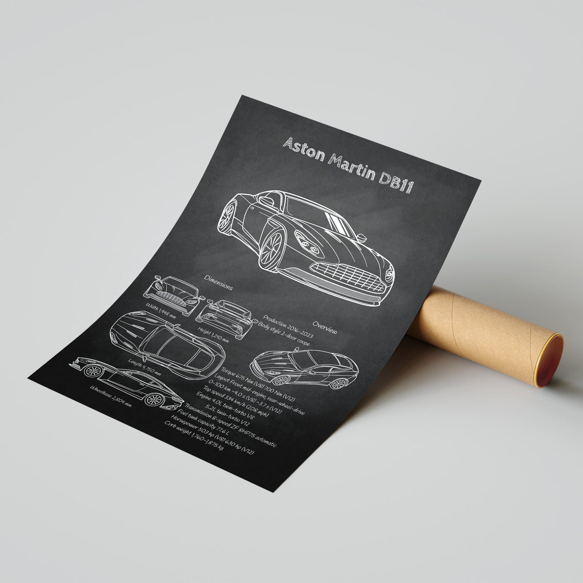 Aston Martin DB11 poster with a rolled-up design on a gray background