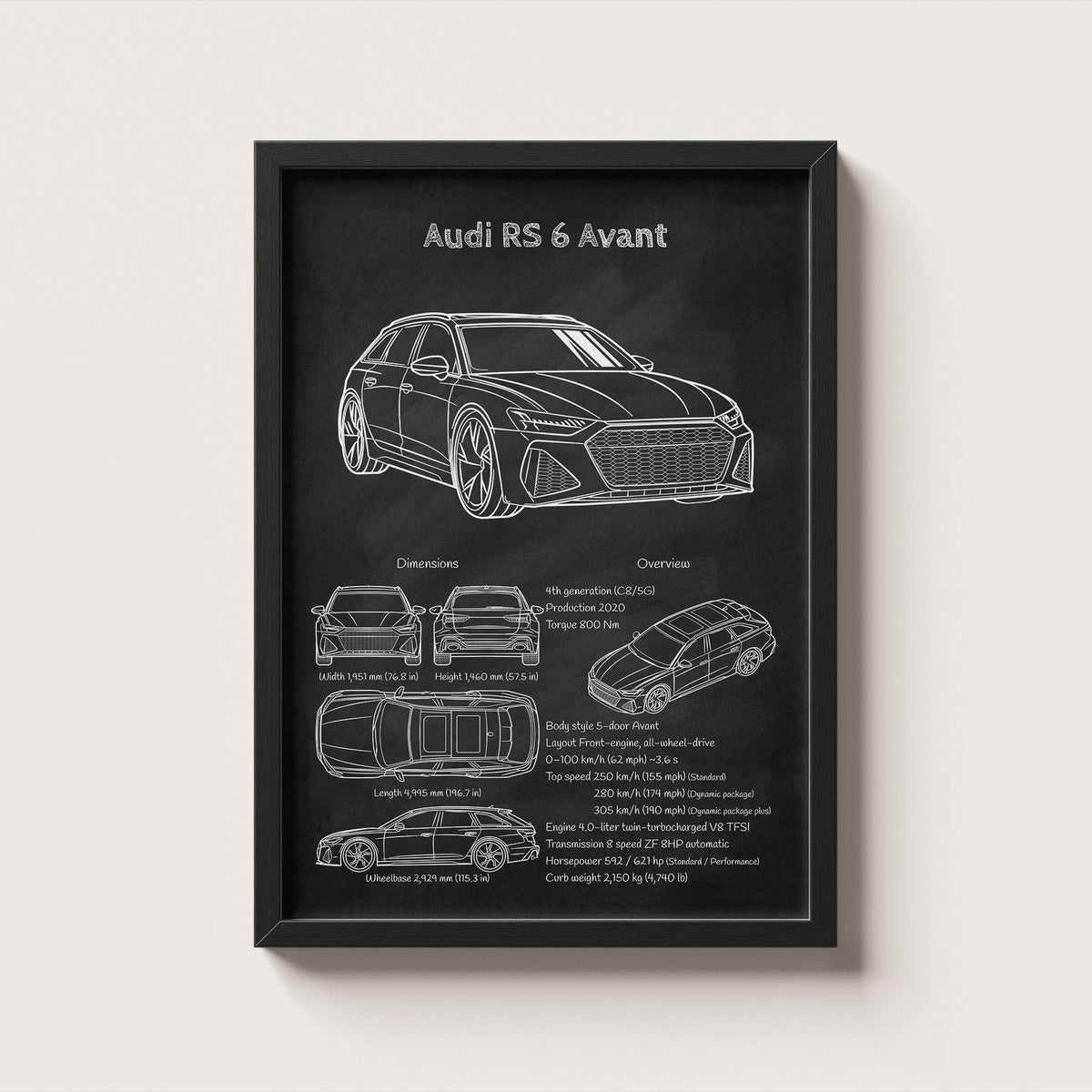Framed black and white Audi RS 6 Avant diagram on a light gray background