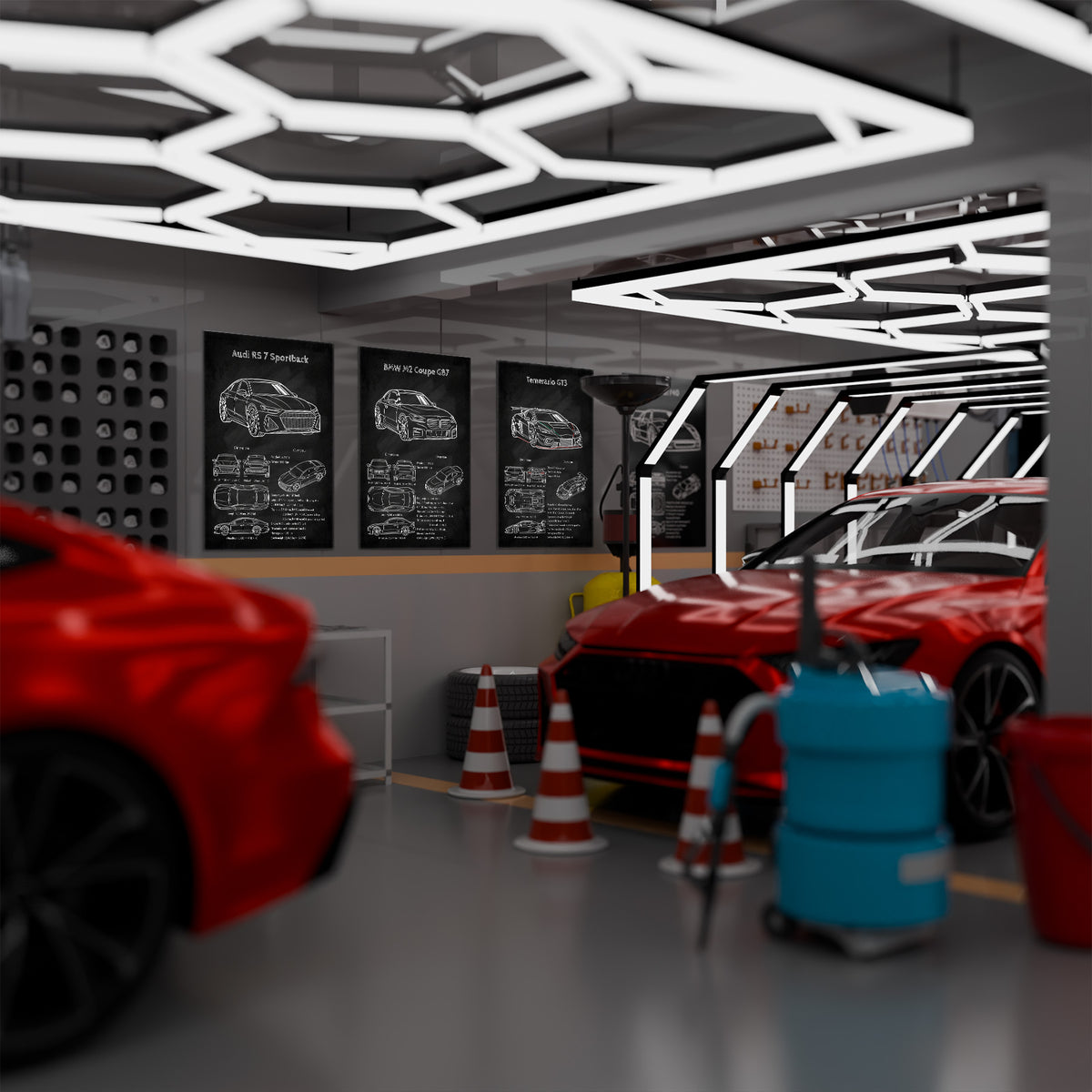 Audi RS 7 Modern car showroom with red cars, geometric ceiling design, and automotive posters.