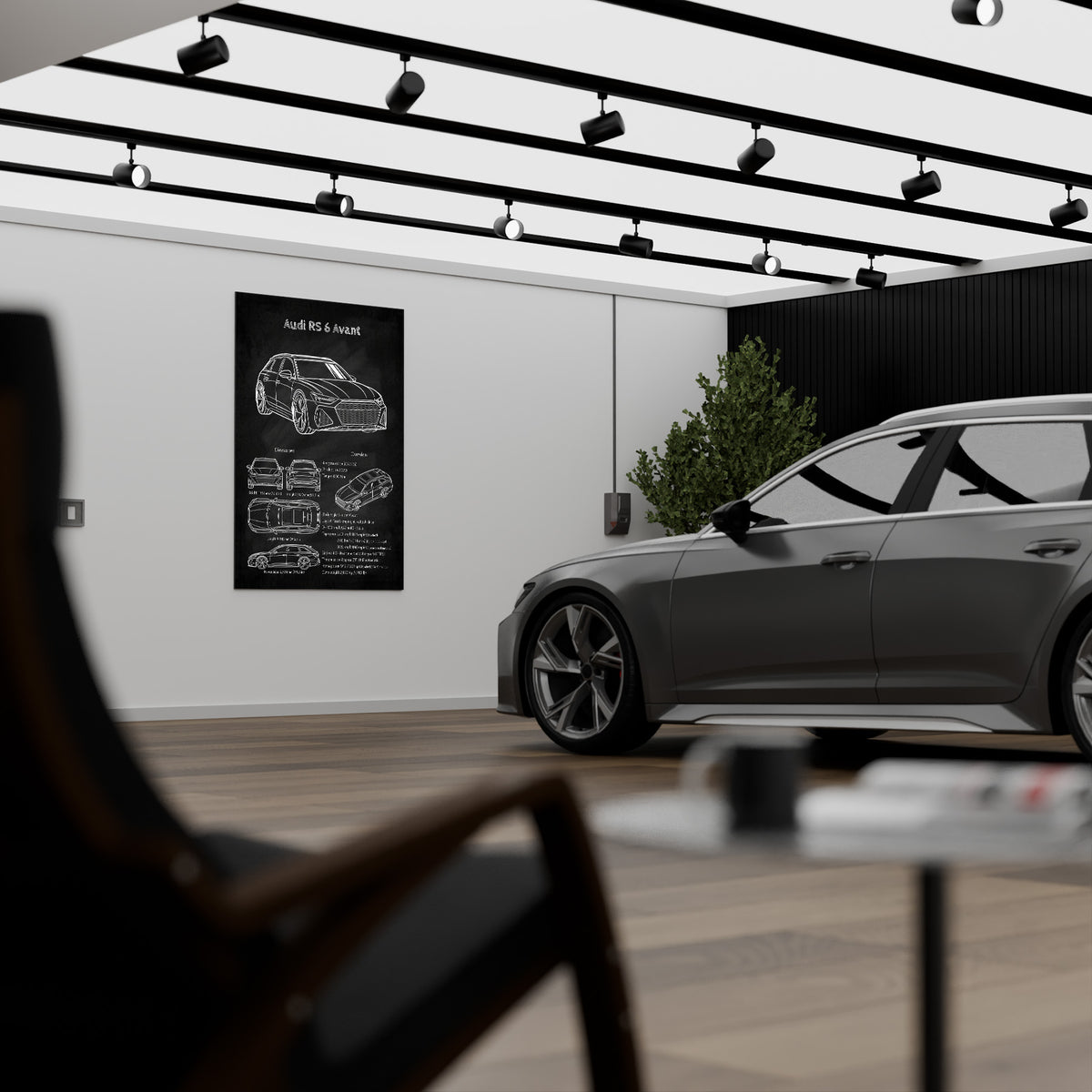 Audi RS6 Avant blueprint poster framed on the wall of a modern car dealership showroom, enhancing the space with automotive engineering art.