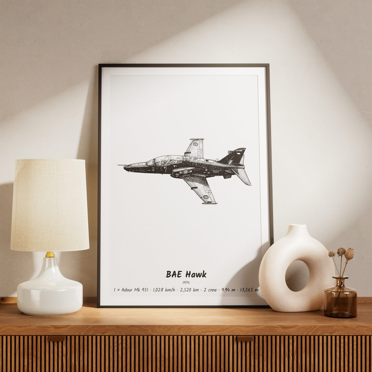 Framed BAE Hawk Print on a Shelf