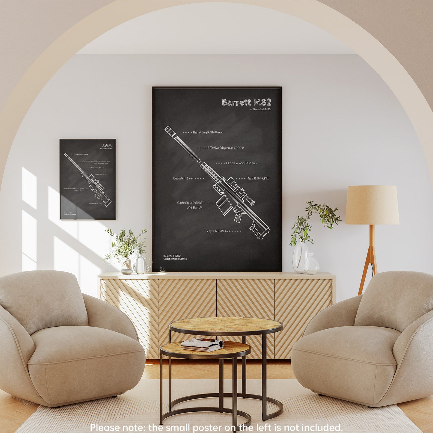 Framed Barrett M82 anti-materiel rifle blueprint wall art - military poster decor in living room