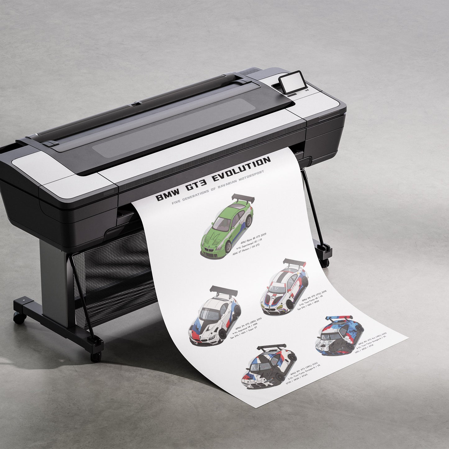 A large black and white industrial printer on a stand, printing and displaying a sheet of car posters featuring BMW GT3 Evolution race cars on a gray concrete floor.