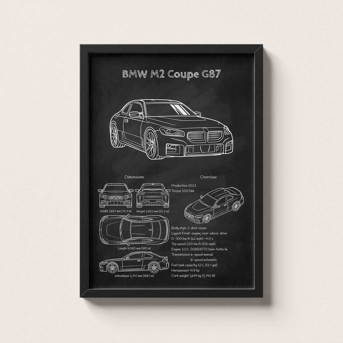 Framed poster of a BMW M2 Coupe G87 on a white background