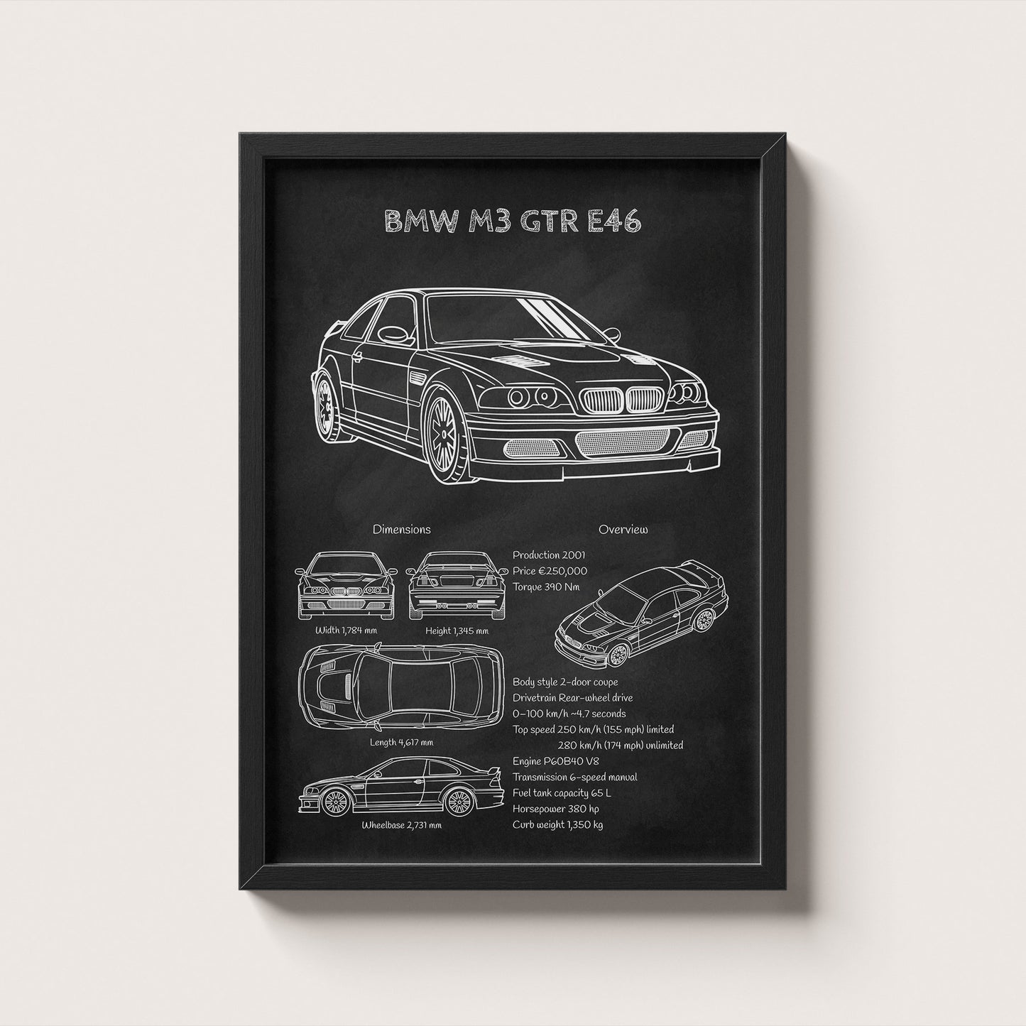 Framed poster of a BMW M3 GTR E46 design on a white background