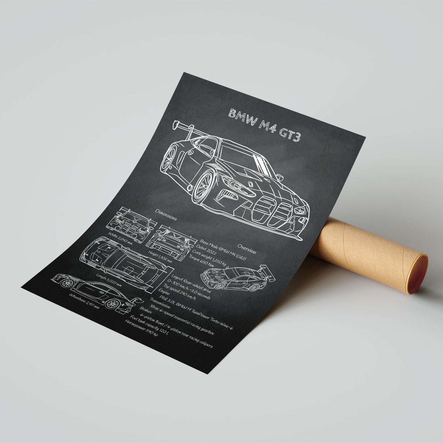 Roll of paper with BMW M4 GT3 blueprint on a gray background