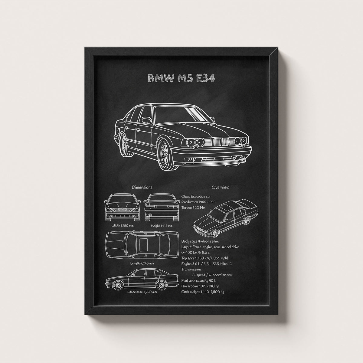 Framed BMW M5 E34 blueprint poster hanging on wall – classic car engineering wall art