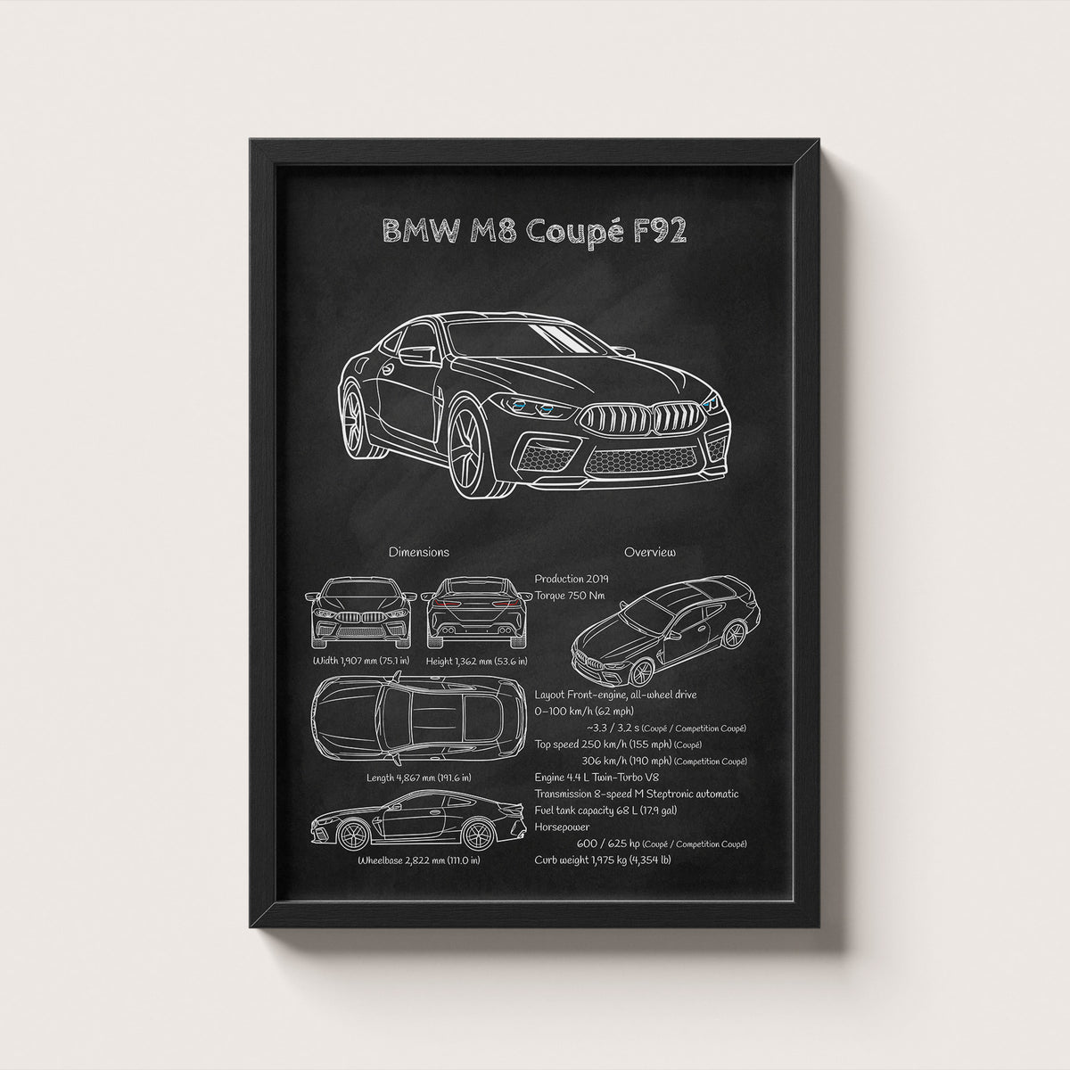 Framed poster of BMW M8 Coupé F92 with technical drawings and specifications on a chalkboard background.