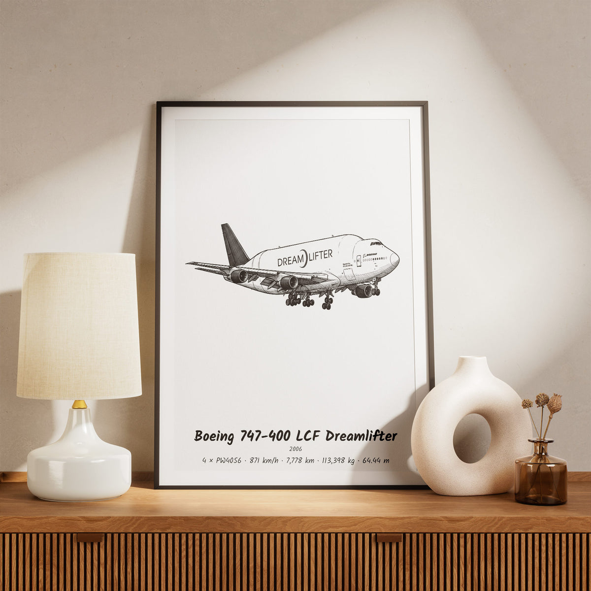 Framed Boeing 747-400 LCF Dreamlifter Print on a Shelf