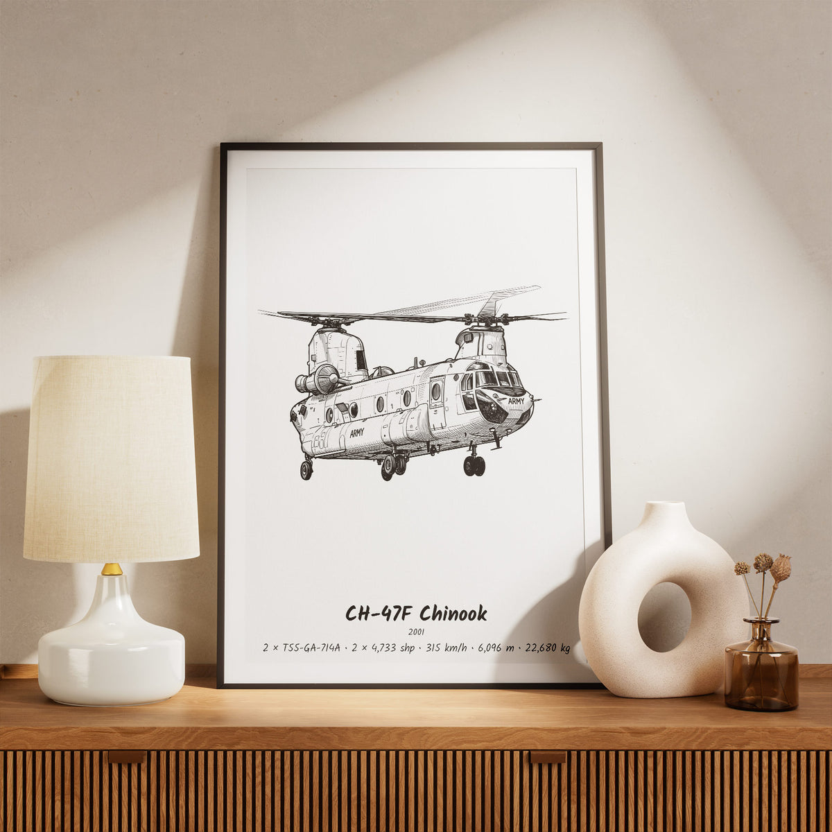 Framed CH-47F Chinook Print on a Shelf