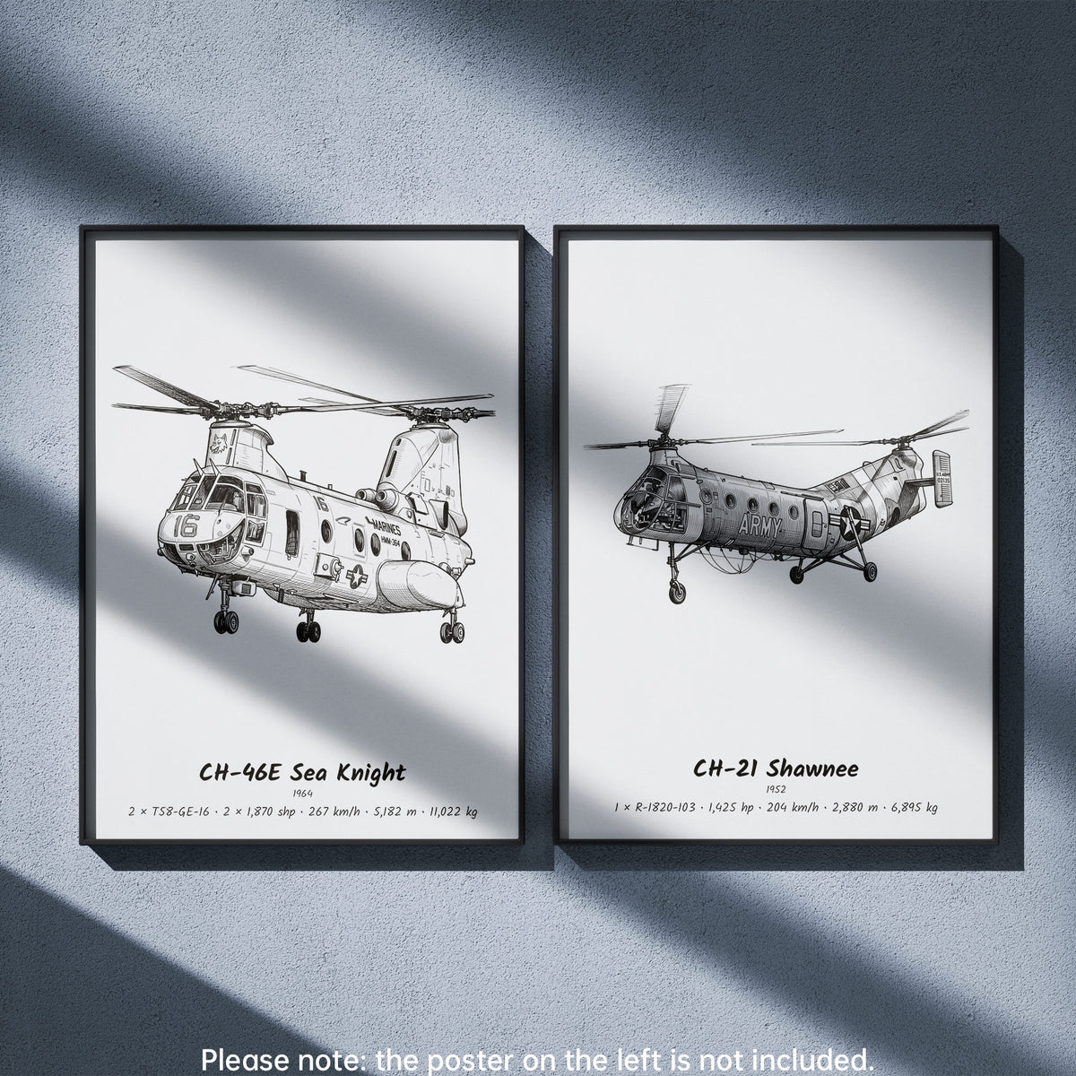 Boeing Vertol CH-21 Shawnee Wall Art Paired with Boeing CH-46E Sea Knight