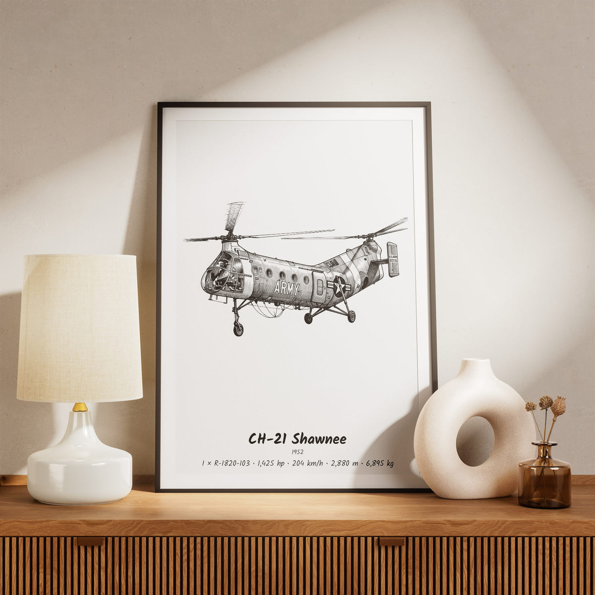 Framed Boeing Vertol CH-21 Shawnee Print on a Shelf