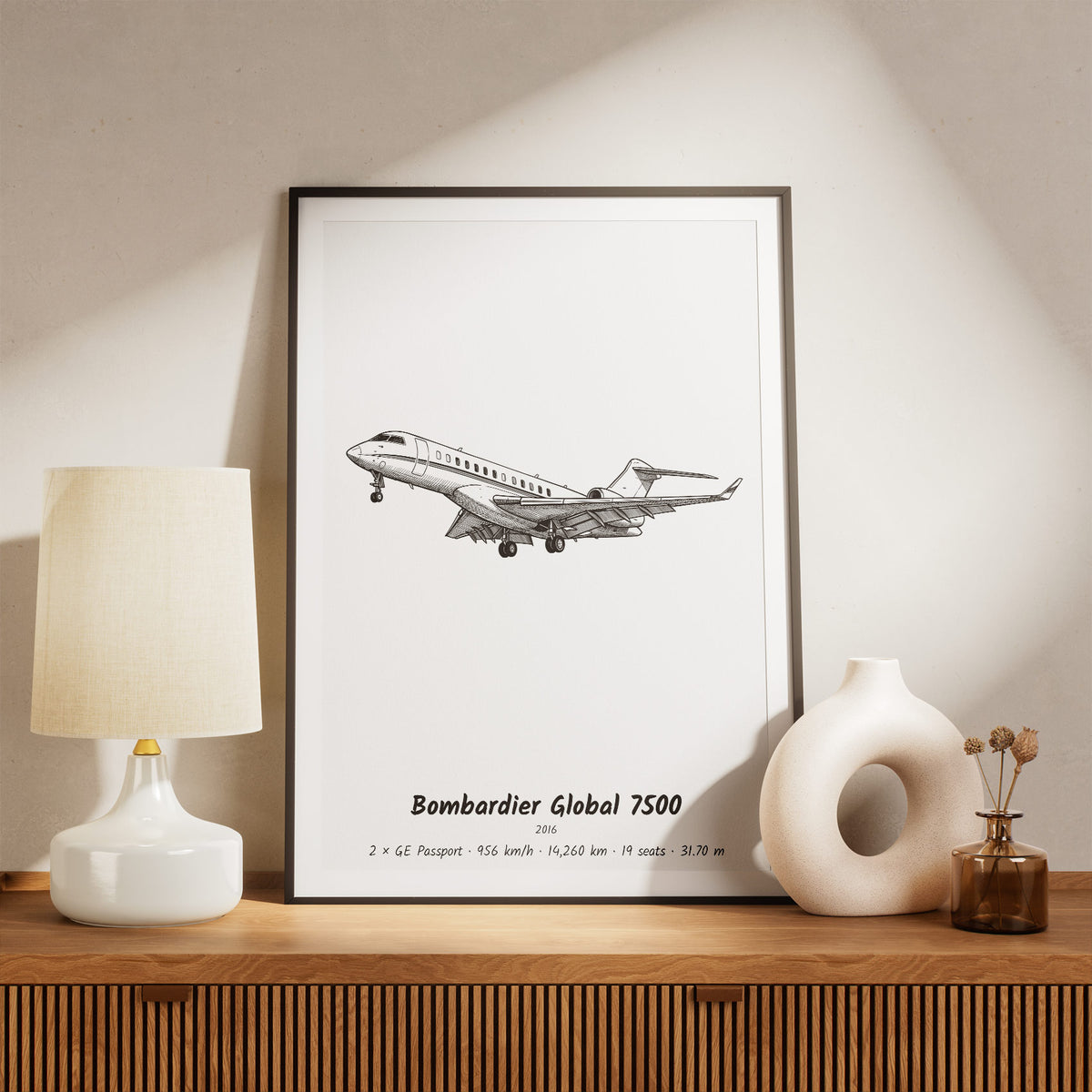 Framed Global 7500 Print on a Shelf