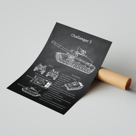 FV4034 Challenger 2 tank blueprint print leaning on shipping tube – ready to ship military poster