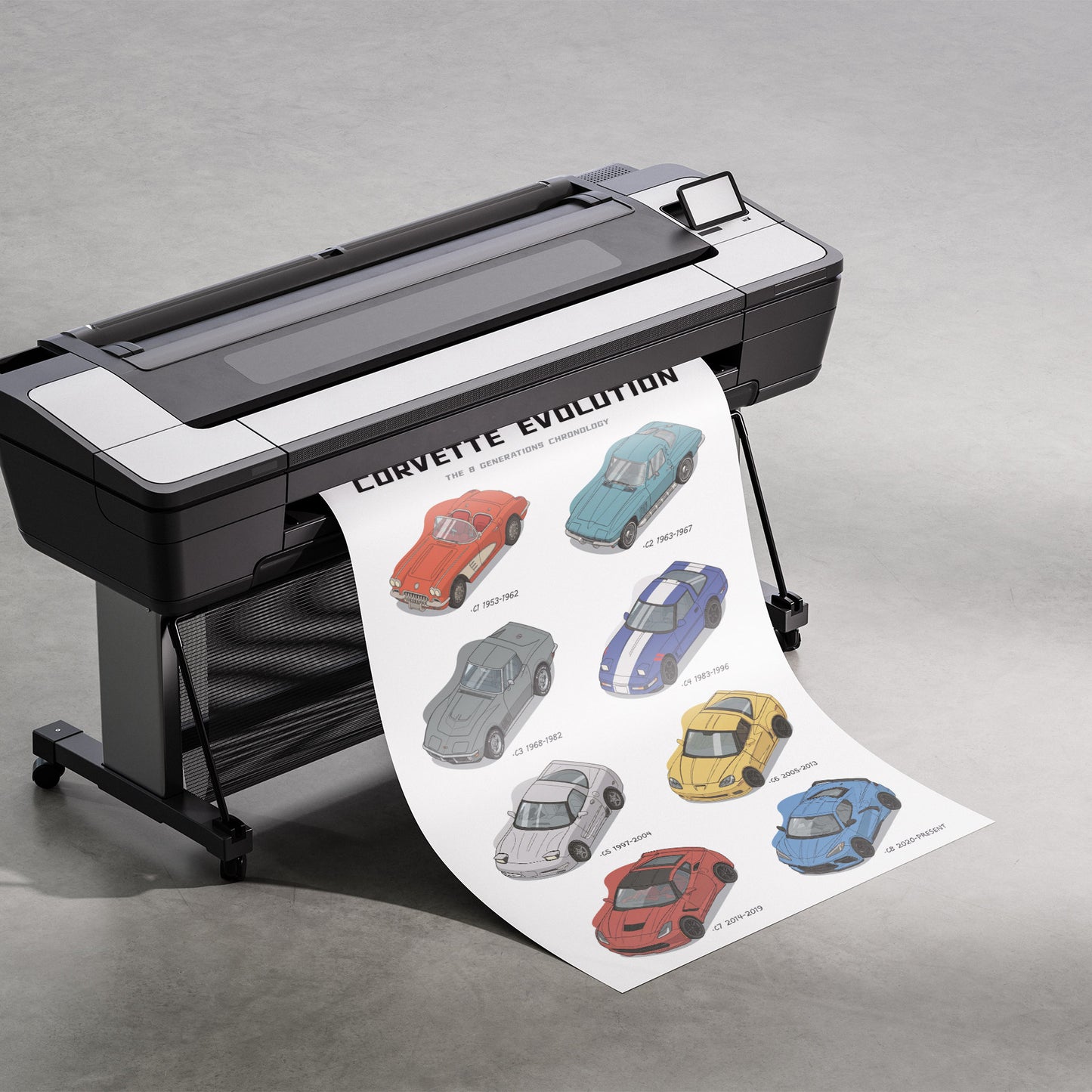 Printer with a sheet of paper displaying images of cars on a gray background