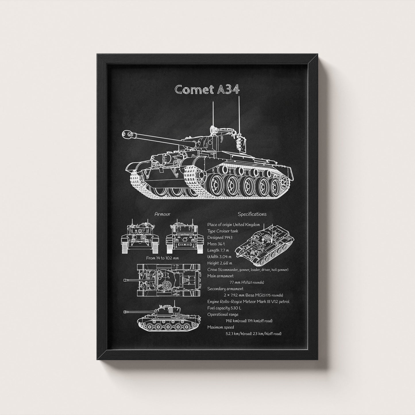 Framed Comet A34 tank blueprint poster hanging on wall – military wall art for home or office