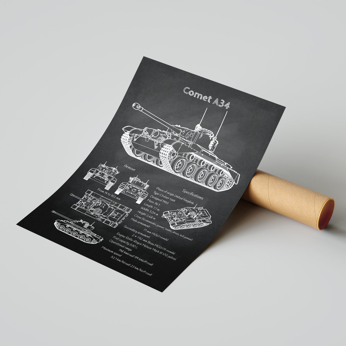 Comet A34 tank blueprint print leaning on shipping tube – ready to ship military poster