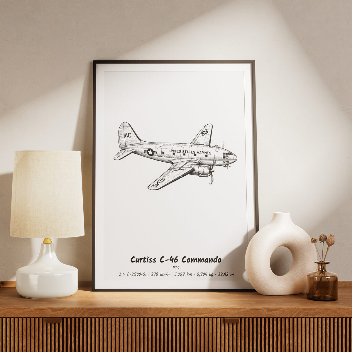 Framed Curtiss C-46 Commando Print on a Shelf