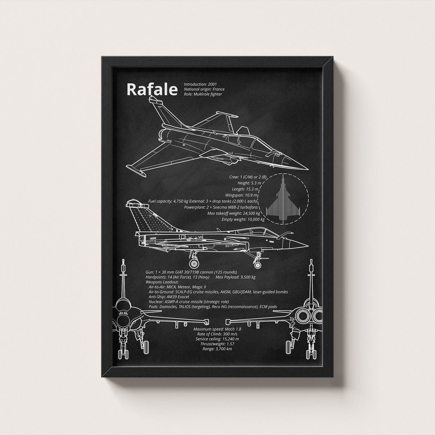 Framed Dassault Rafale blueprint poster hanging on wall – aviation wall art