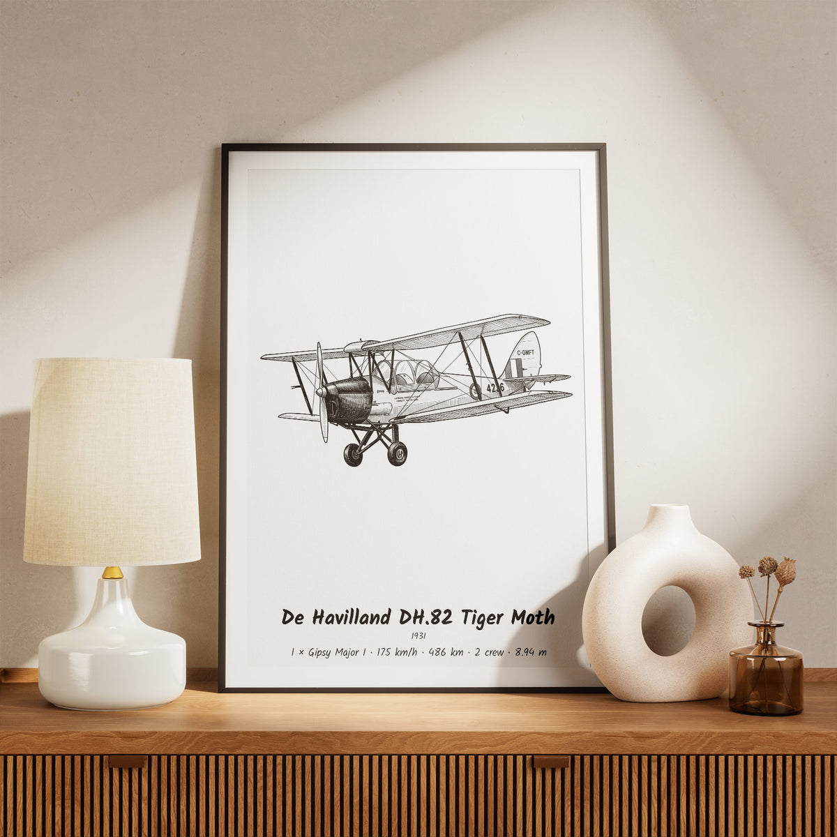 Framed De Havilland DH.82 Tiger Moth Print on a Shelf