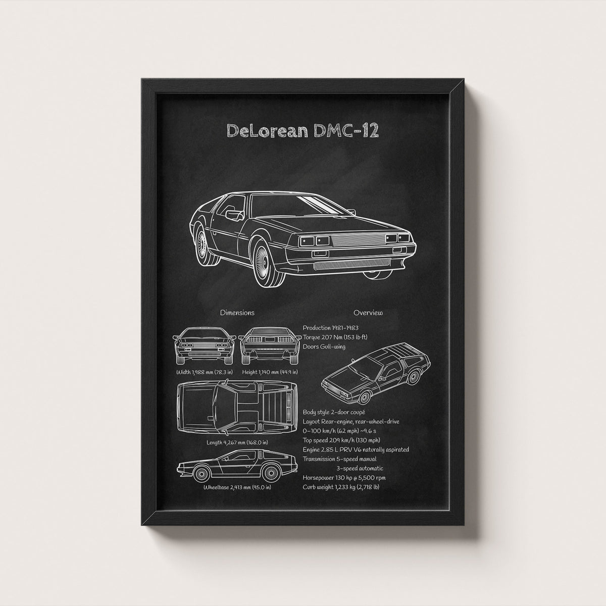 Framed poster of a Delorean DMC-12 on a white background