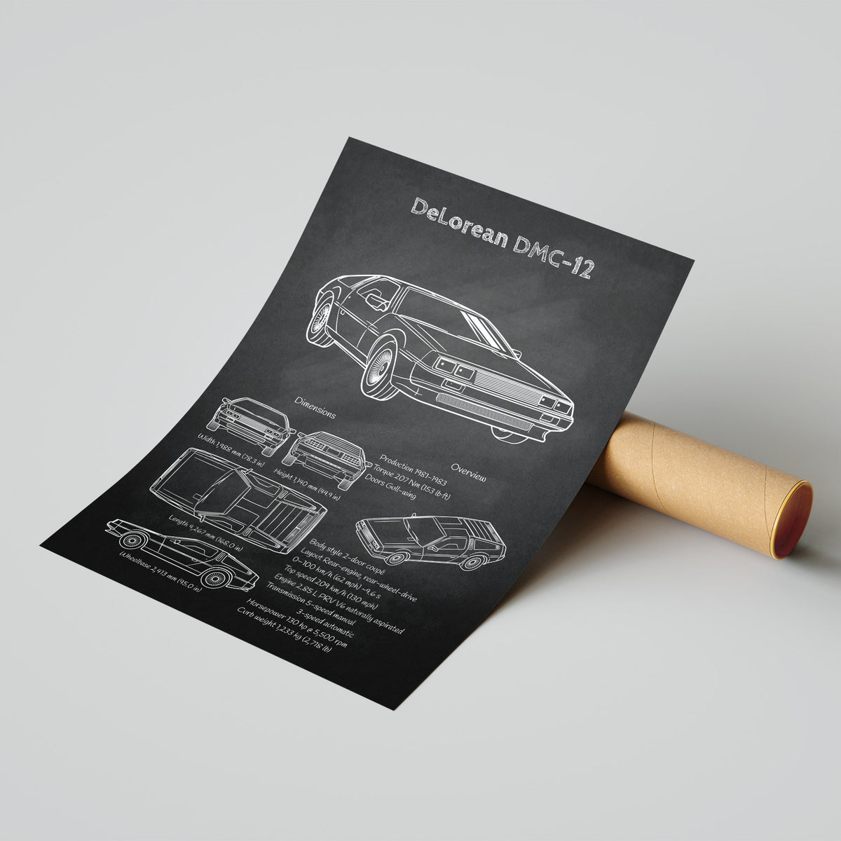 Roll of paper with car design and DeLorean DMC-12 branding on a gray background