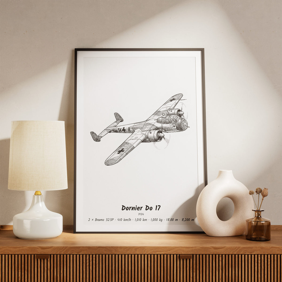 Framed Dornier Do 17 Print on a Shelf