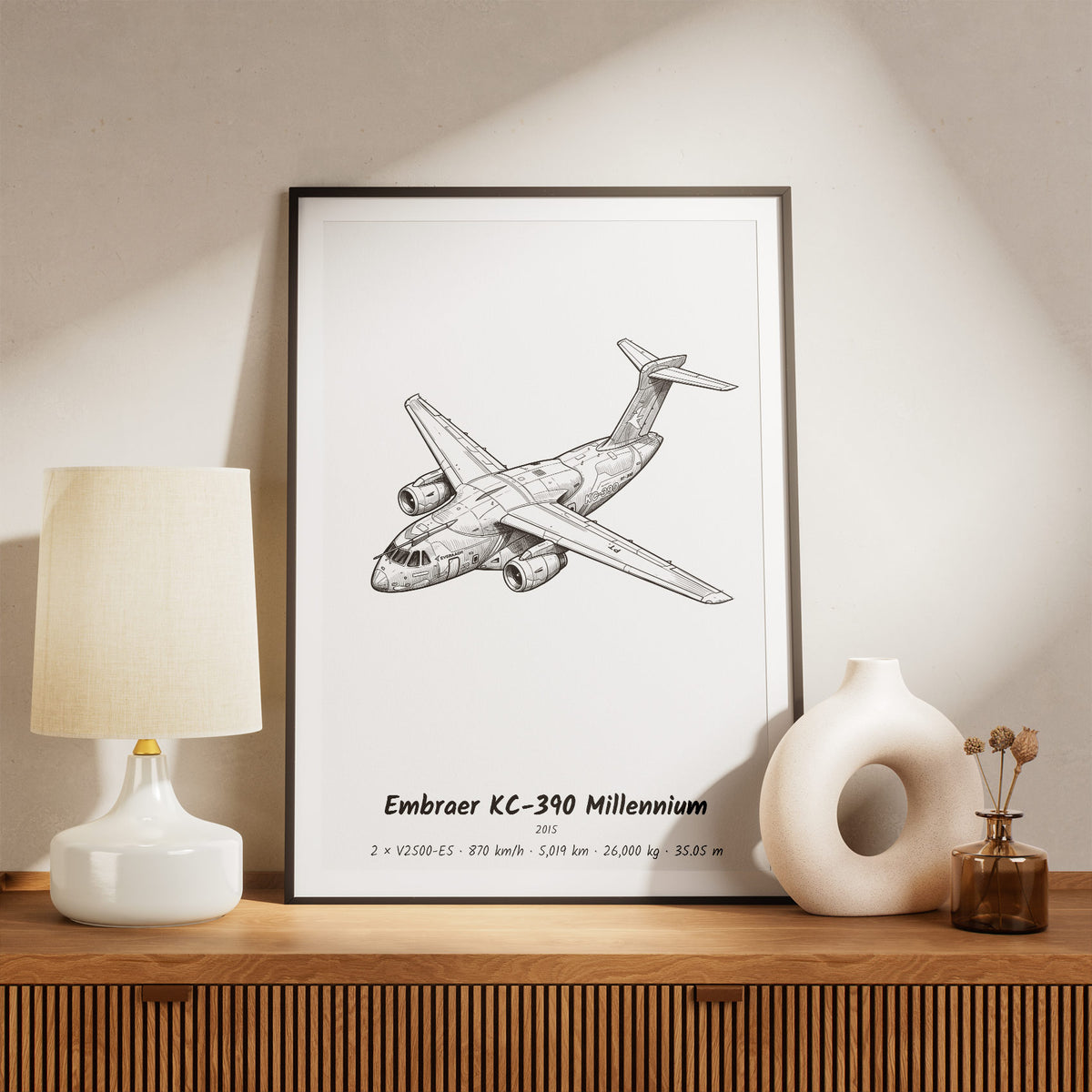 Framed Embraer KC-390 Millennium Print on a Shelf