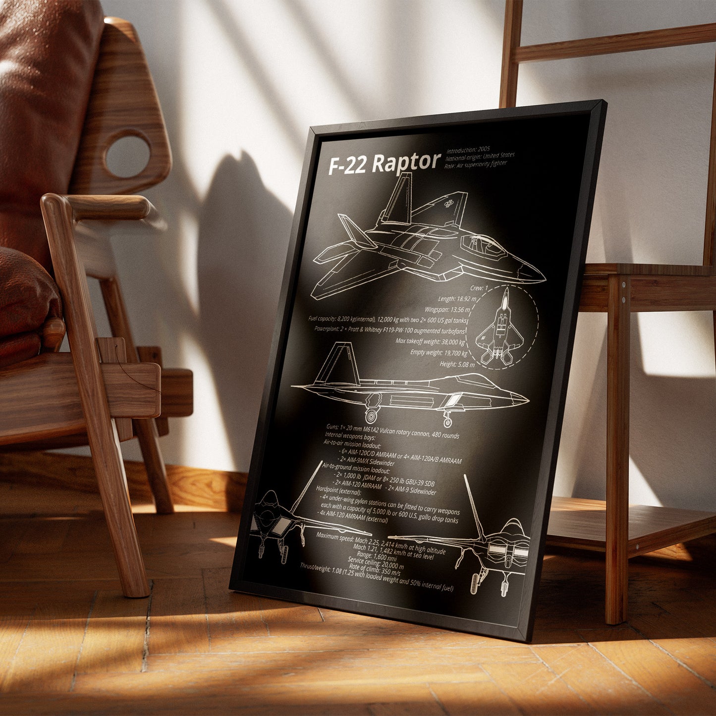 Framed F-22 Raptor blueprint leaning against chair – modern aviation decor