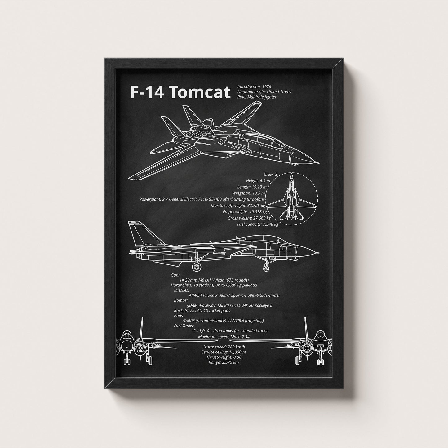 Framed F-14 Tomcat blueprint poster hanging on wall – aviation wall art
