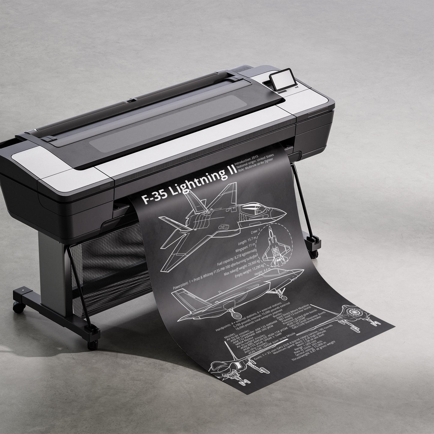 F-35 Lightning II blueprint being printed – technical aviation art