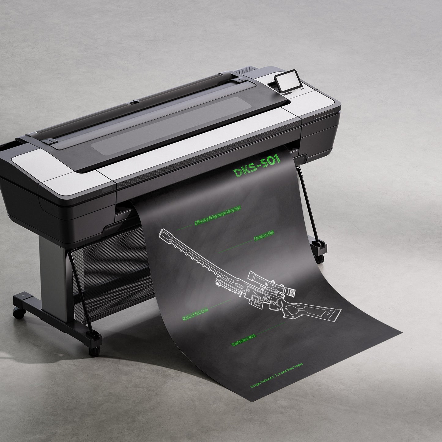 Fallout DKS-501 blueprint being printed - firearm engineering wall art in progress