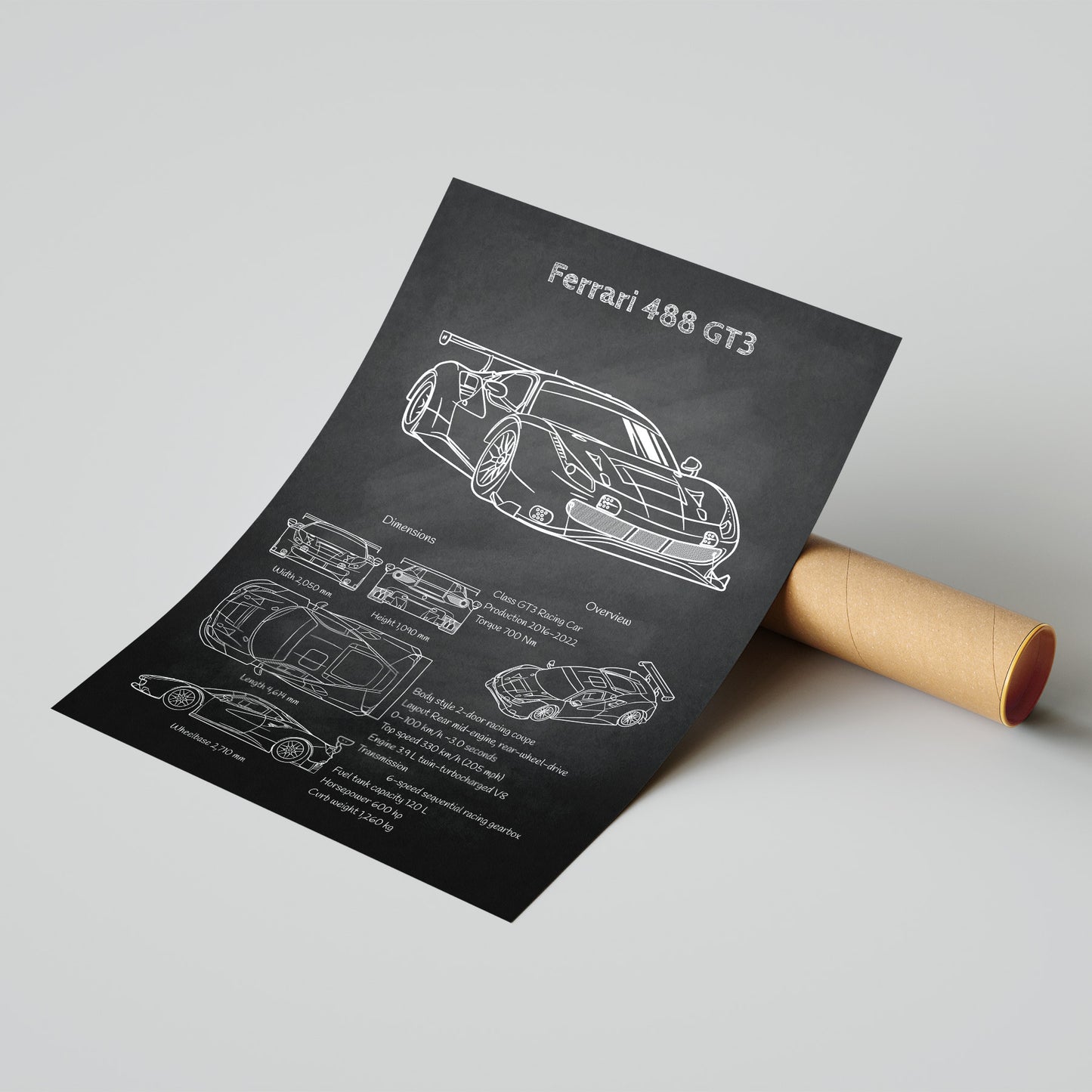 Ferrari 488 GT3 blueprint poster on a gray background