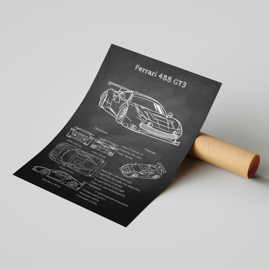 Ferrari 488 GT3 blueprint poster on a gray background