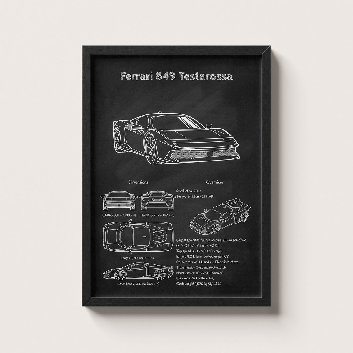 Ferrari 849 Testarossa Blueprint Wall Art
