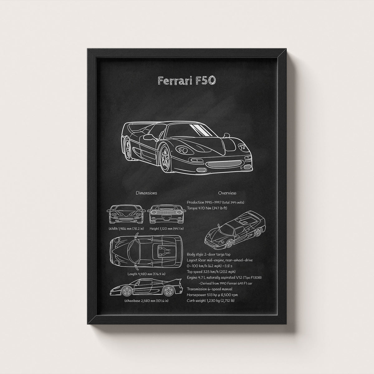 Framed Ferrari F50 blueprint poster hanging on wall – classic car engineering wall art