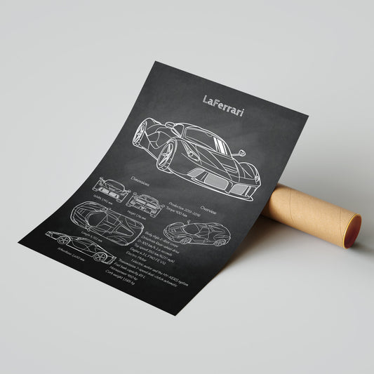 LaFerrari car blueprint on a black paper with a wooden roll on a light gray background